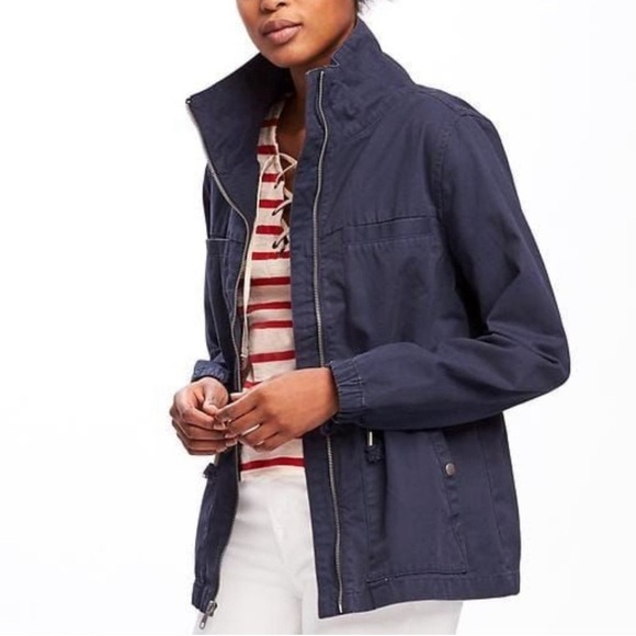 Old Navy Blue Zippered Cargo Utility Jacket Size Medium 100% Cotton High Collar - Picture 10 of 11